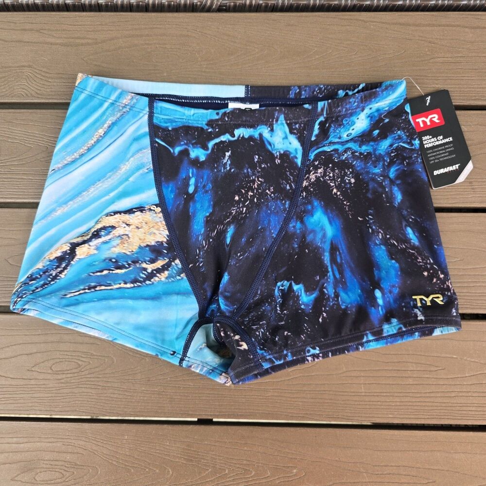 TYR Mens Durafast Kyanite Teal/multi Square Leg Swim Boxer Drawstring Sz 32 New